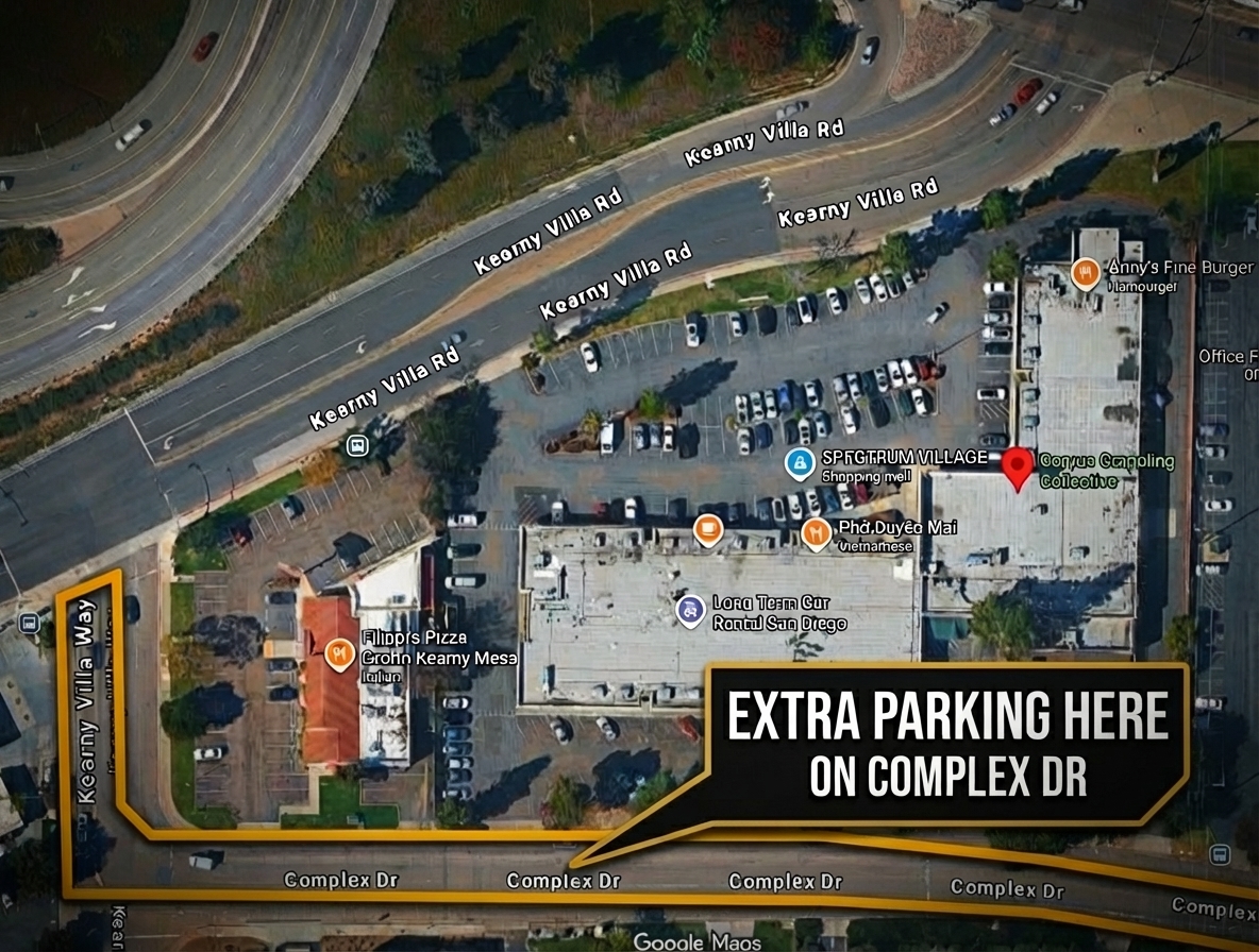 Parking map showing main lot and overflow parking on Complex Dr